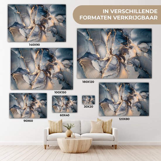 Toile Peinture Marbre - Grijs - Blauw - Luxe - Or - 120x80 cm - Décoration murale