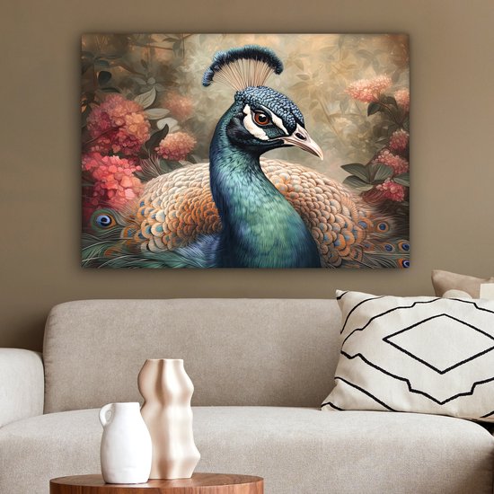 Tableau sur toile Paon - Vogel - Fleurs - Plantes - Plumes de Paon - 80x60 cm - Décoration murale