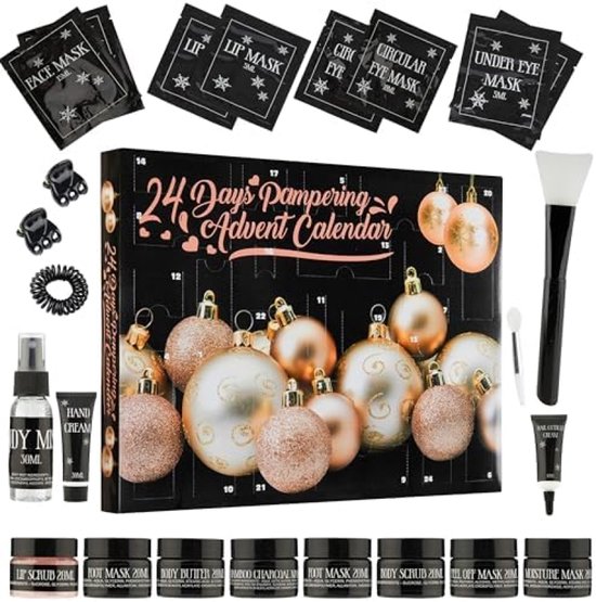 Beauty Adventskalender - met 24 Verwenproducten - Zwart/Goud Design - Make up & Skin care - Kesrt cadeau - Cadeau voor haar