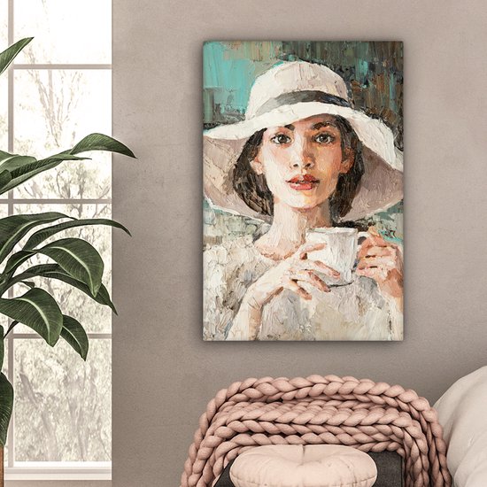 Toile - Peinture - Huile - Femme - Café - Chapeau - 40x60 cm - Peintures sur toile - Intérieur