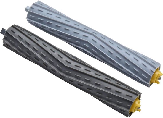 Twee vervangingsborstels: een donkergrijze en een lichtgrijze, beide met ribbelpatroon en gele uiteinden.