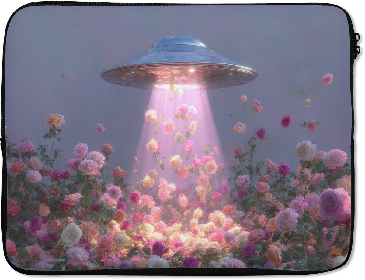 Laptophoes 15.6 inch - Ufo - Rozen - Pastelkleuren - Laptop sleeve - Binnenmaat 37x26 cm - Zwarte achterkant