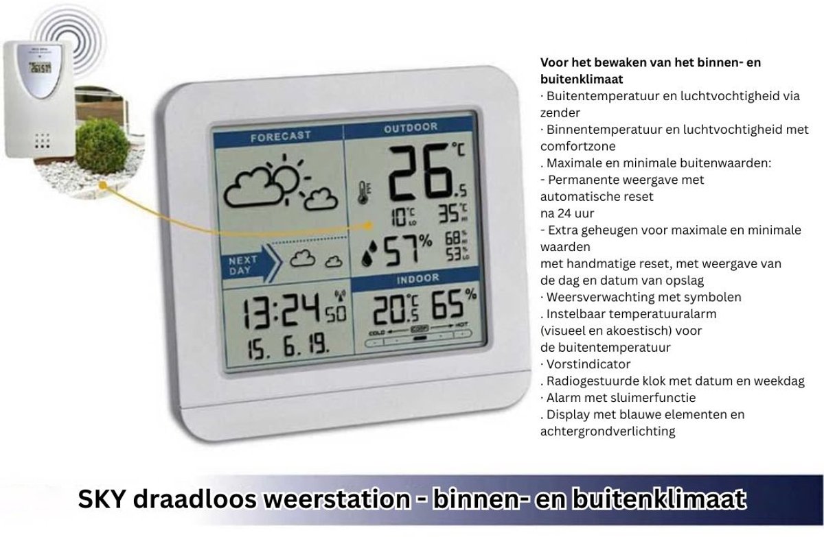 Weerstation Binnen en Buiten - Weerstation Draadloos Binnen Buiten - Weerstation met Buitensensor - Wit