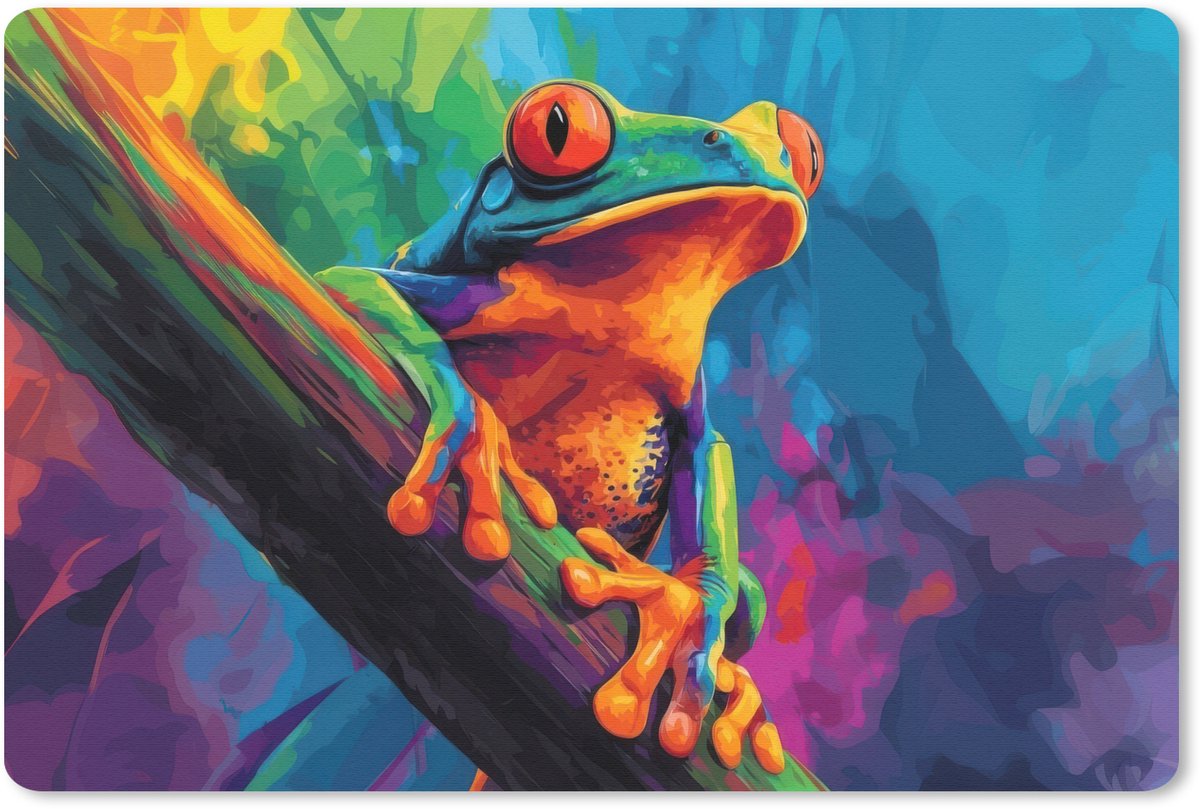 Muismat 27x18 cm - Mousepad Kikker - Felgekleurd - Tak - Regenboog - Muismatten