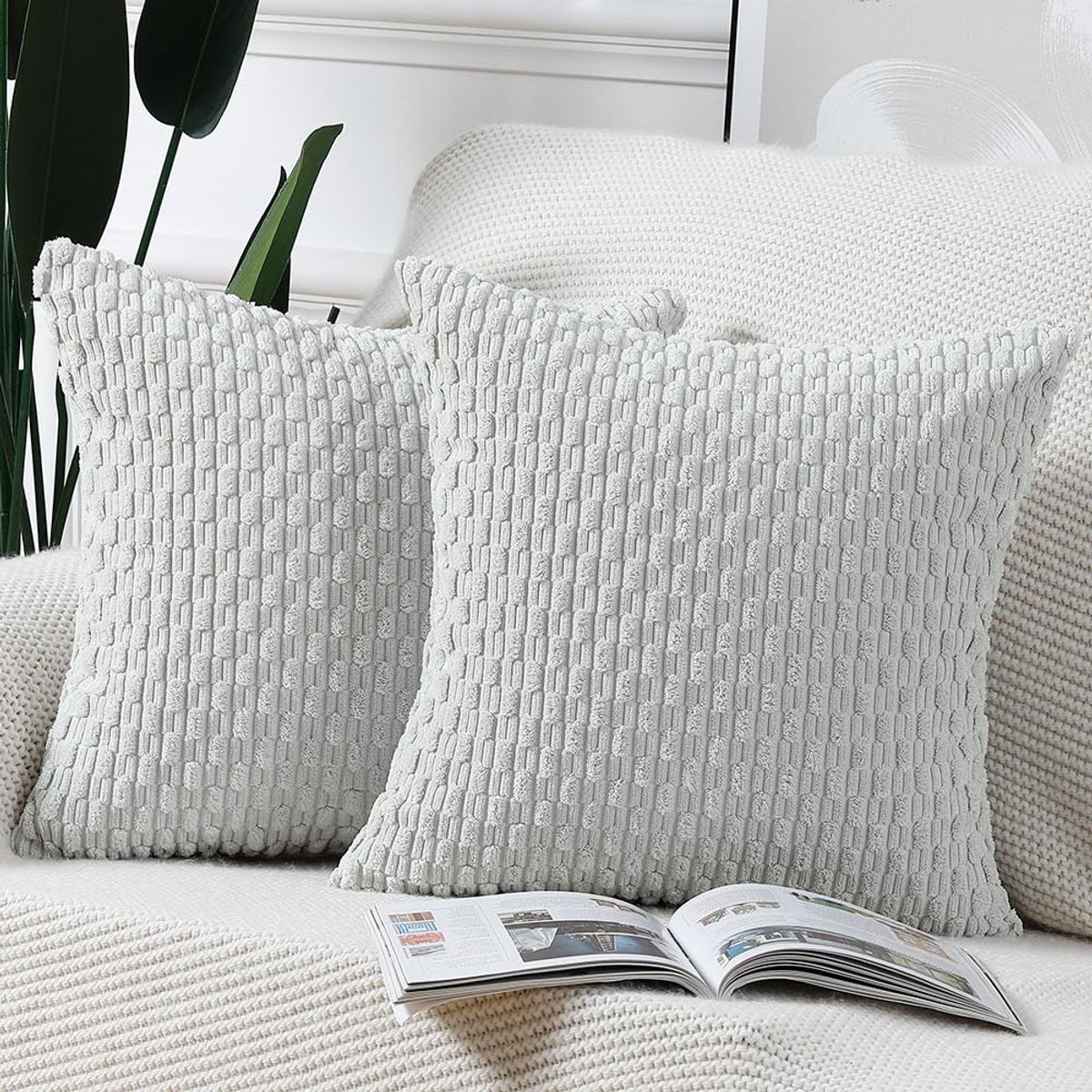 Ibenzoa Set van twee decoratieve kussenslopen in grijs-witte boho-stijl met zacht koord