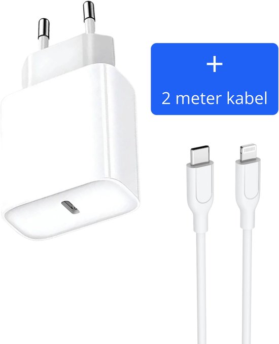 Oplaad Adapter 20W USB-C + 2 Meter kabel - Power Adapter oplader - Wit - Geschikt voor Apple iPhone 12 - Apple iPad - USB-C Apple Lightning - Snellader iPhone 12 / iPad / X / 11 / 12 Pro Max / iPhone 12 Lader - iPhone 12 Pro Max - USB-C Lader