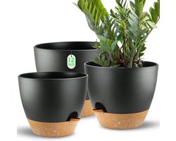 Grote Zelfbewaterende Plantenbakken Set van 3 Maten - Voor Alle Kamerplanten - Zwarte Kunststof Bloempotten met Drainagegat - Cadeau-idee