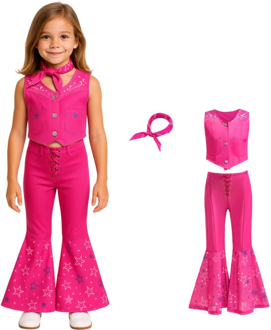 Joya Kids® Verkleedpak set als roze Pop | Roze outfit voor kinderen | Verkleed kleding Meisje | Halloween kostuum | Carnaval kleding | kostuum 3 delig | Maat 140