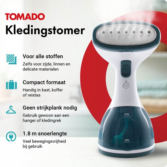 Witte en turquoise handstomer met etiket "Tomado Kledingstomer". Inclusief iconen en tekst over functies.