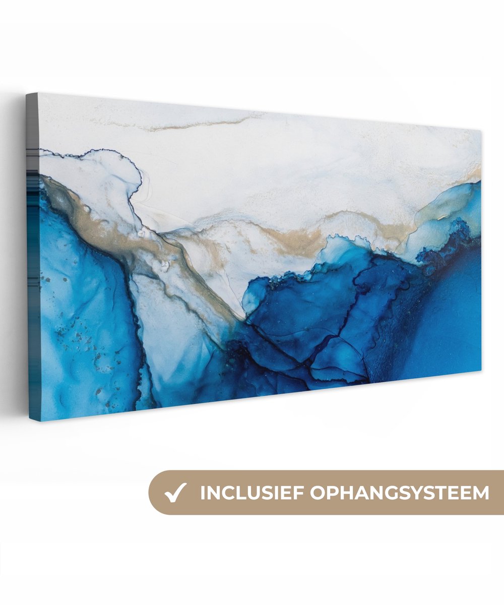 Canvas schilderij 60x30 cm - Wanddecoratie badkamer Watercolor - Blauw - Abstract - Kunst