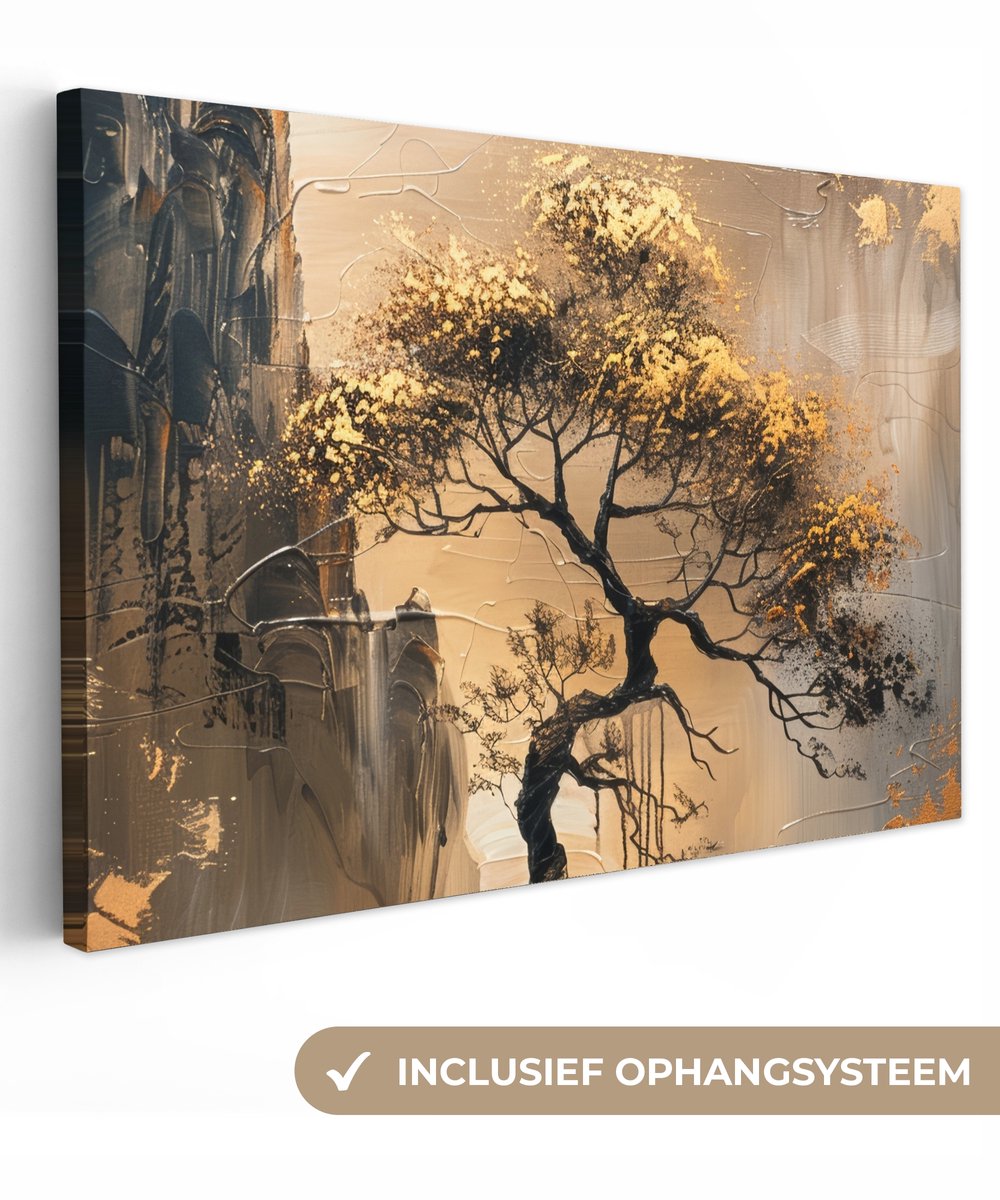 Canvas schilderij 60x40 cm - Wanddecoratie Boom - Goud - Landschap - Verf - Muurdecoratie 