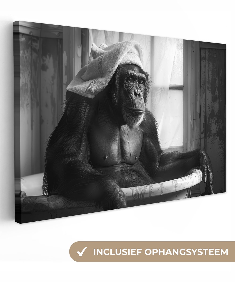 Canvas schilderij 180x120 cm - Wanddecoratie badkamer Aap - Dier - Bad - Zwart - Wit - Hum