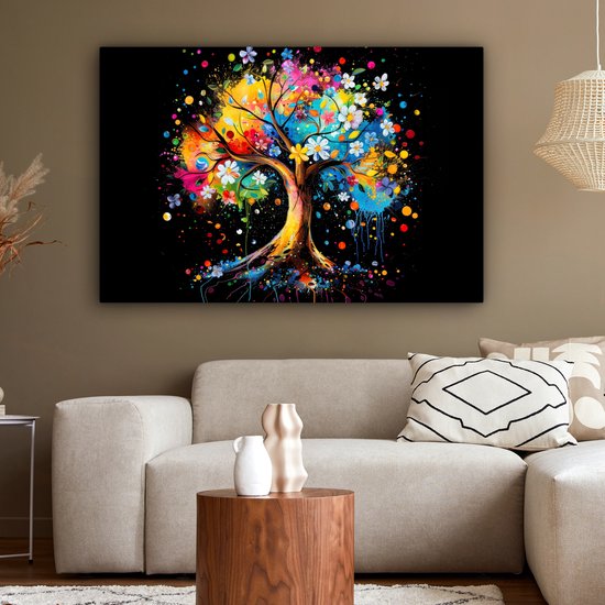 Peinture sur toile 120x80 cm - Décoration murale Arbre - Coloré - Fleurs - Zwart - Décoration murale murale salon - Décoration chambre - Accessoires de chambre - Peintures