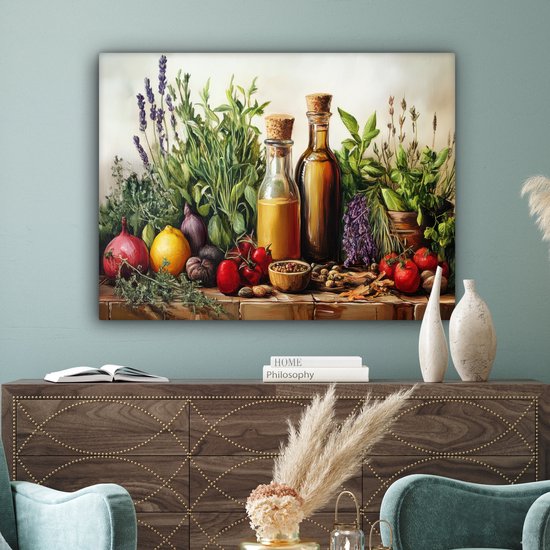 Peinture sur toile 120x90 cm - Décoration murale Nature morte - Herbes - Épices - Fruits - Coloré - Décoration murale salon - Décoration chambre - Accessoires chambre - Peintures