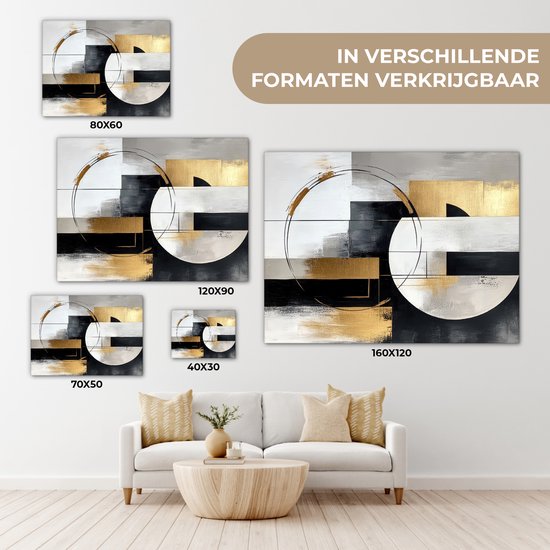 Peinture abstraite avec des formes dorées, argentées et noires, disponible en différentes tailles : 80x60, 120x90, 70x50 et 40x30.