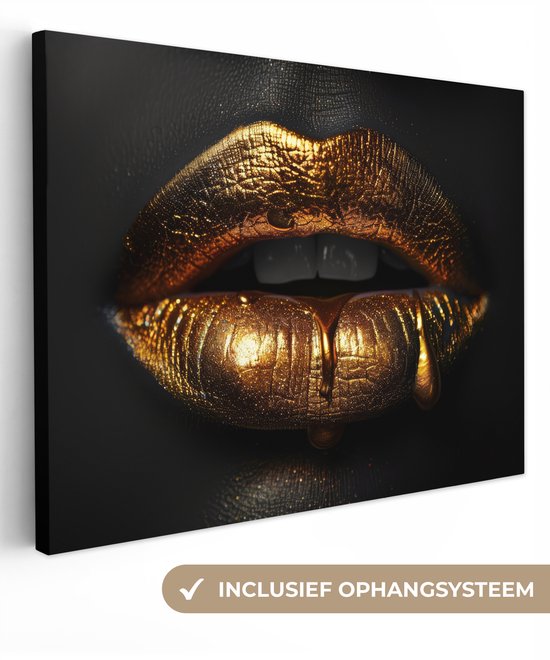 Canvas schilderij 80x60 cm - Wanddecoratie Lippen - Goud - Abstract - Zwart - Aesthetic - Muurdecoratie woonkamer - Kamer decoratie modern - Abstracte schilderijen