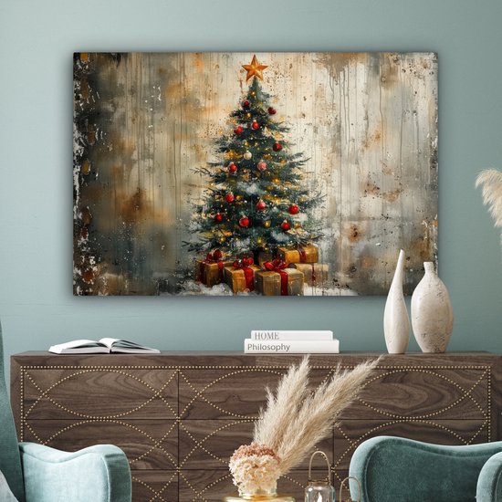 Canvas schilderij 120x80 cm - Wanddecoratie Kerstboom - Vintage - Kerst - Cadeau - Muurdecoratie woonkamer - Slaapkamer decoratie - Kamer accessoires - Schilderijen op canvas - Kerstdecoratie voor binnen - Kerstversiering - Kerstmis versiering