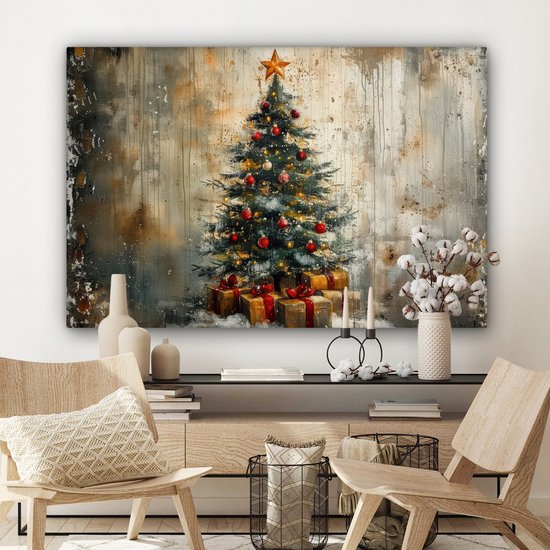 Canvas schilderij 120x80 cm - Wanddecoratie Kerstboom - Vintage - Kerst - Cadeau - Muurdecoratie woonkamer - Slaapkamer decoratie - Kamer accessoires - Schilderijen op canvas - Kerstdecoratie voor binnen - Kerstversiering - Kerstmis versiering