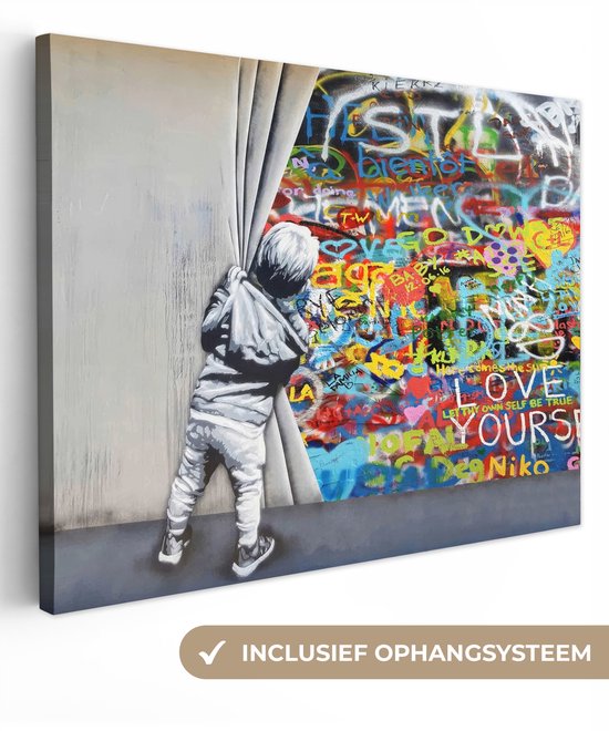 Canvas schilderij 160x120 cm - Wanddecoratie Graffiti - Jongen - Ilussie - Street art - Muurdecoratie woonkamer - Kamer decoratie modern - Abstracte schilderijen