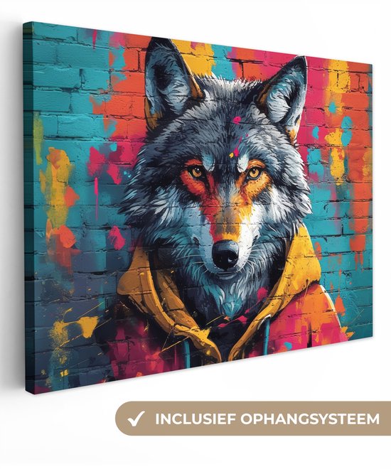 Canvas schilderij 120x90 cm - Wanddecoratie Graffiti - Wolf - Street art - Blauw - Muurdecoratie woonkamer - Slaapkamer decoratie - Kamer accessoires - Schilderijen op canvas