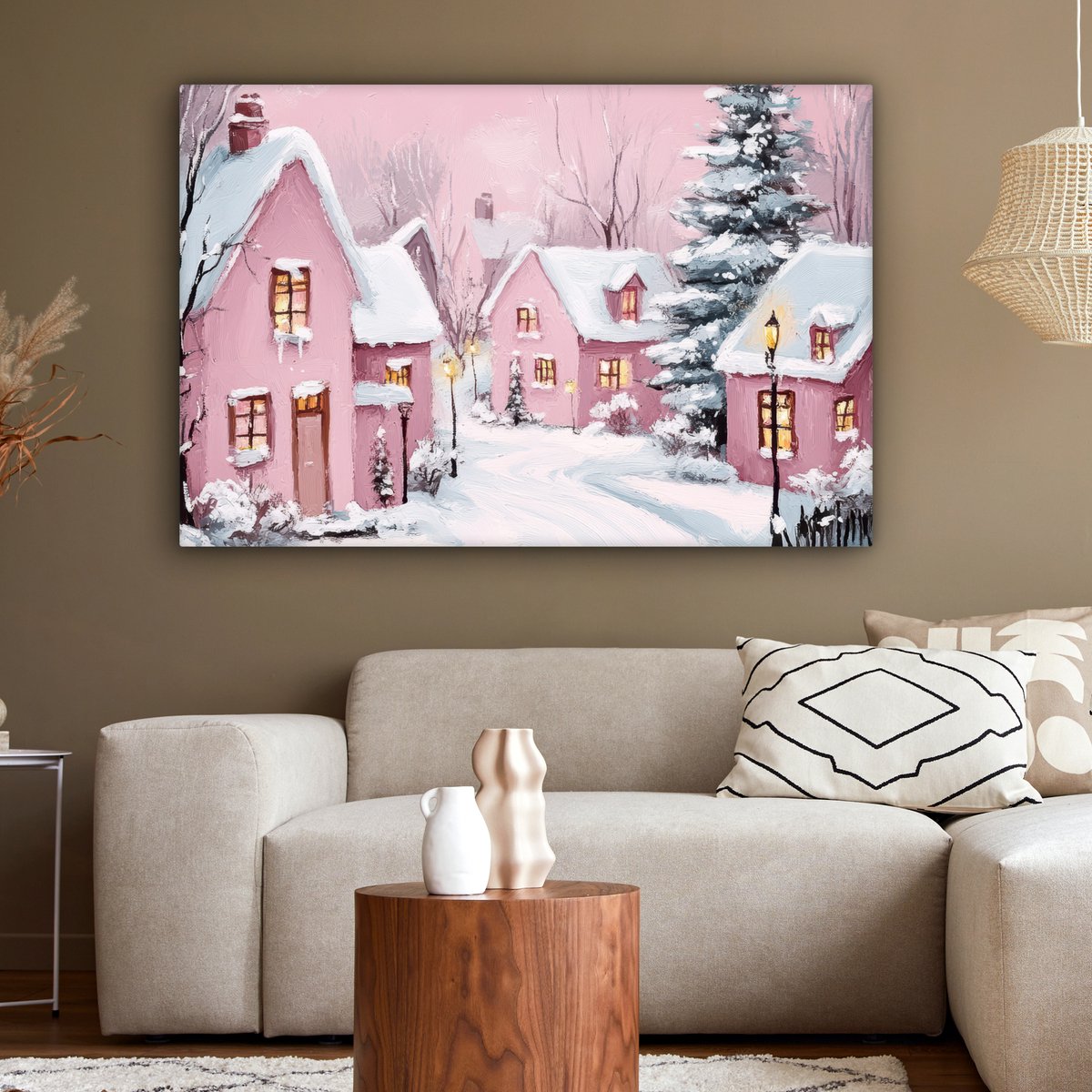 Canvas schilderij 120x80 cm - Wanddecoratie Kerstdorp - Roze - Winter - Sneeuw - Huizen - Muurdecoratie woonkamer - Slaapkamer decoratie - Kamer accessoires - Schilderijen op canvas - Kerstdecoratie voor binnen - Kerstversiering - Kerstmis versiering – foto 6