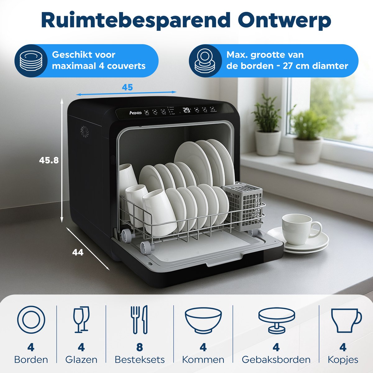 Amenzo® - Mini Vaatwasser - Inclusief App - Energielabel A - 900 Watt - 5 Programma's - Zwart - Afwasmachine - Met Waterreservoir — afbeelding 4