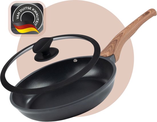 koekenpan 28cm inductie met glazen deksel, hoge rand, Keramische reinfoce chemische vrije antikleeflaag, ovenbestendige Glazen Deksel (28 cm, Hvid