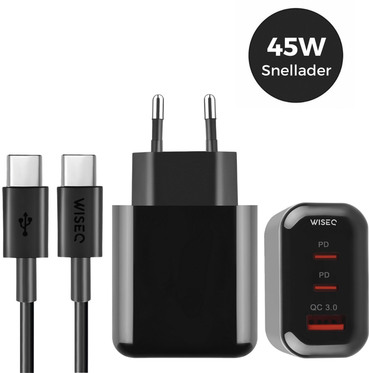 45W Premium Snellader met 2 Meter USB C Kabel - Geschikt voor Alle Toestellen - GaN Technologie - Adapter 3 Poorten