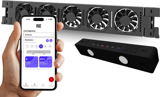 Zwarte Heatfan met 4 ventilatoren, te bedienen met app.