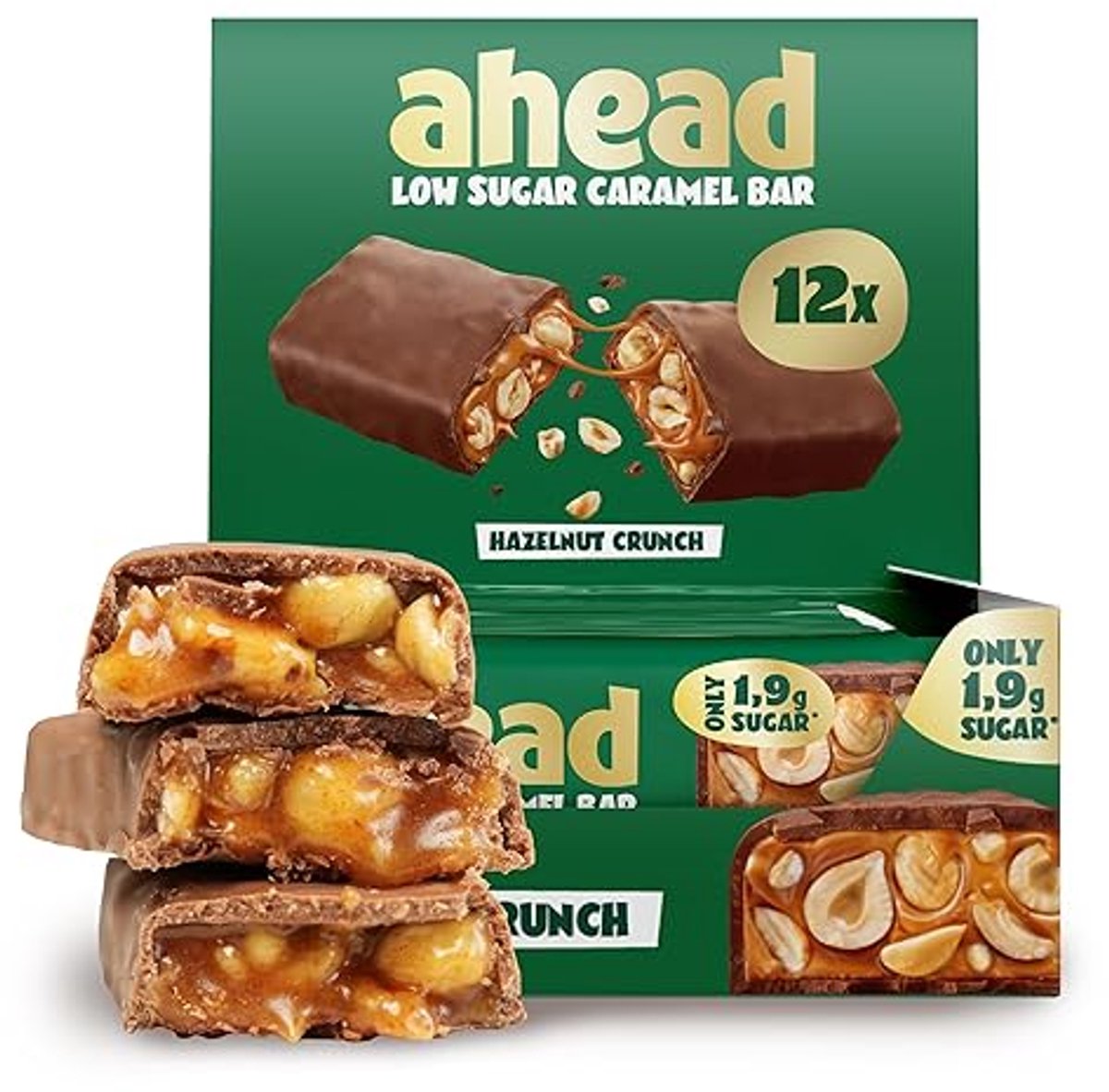 ahead Karamel Chocoladerepen – Caramel Candybars – Doos 12×38 g – Vezelrijk, Vegetarisch – 1,9–2,1 g Suiker per Reep