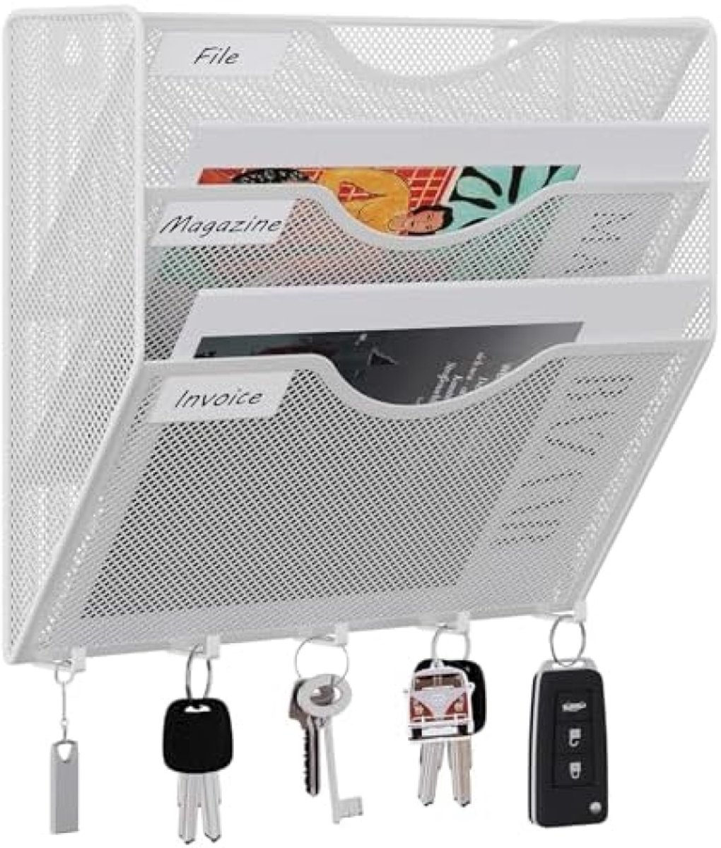 PromoHome Wandmontage Documentenorganizer - 3-lags A4 Opbergsysteem met Haken Wit