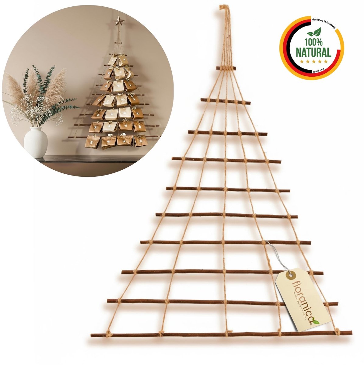 Floranica Houten Ladder Adventskalender 60x70 cm - DIY Kerstkalender Wanddecoratie in de kerstboom, Winterdecoratie Kerstboom voor woondecoratie