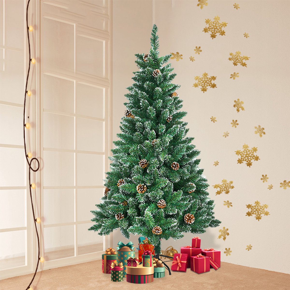 180CM Kunstkerstboom, Dennenboom, Kunstboom Wit & Groen met Sneeuweffect + Dennenappels, PVC Kerstboom inclusief Standaard – foto 5