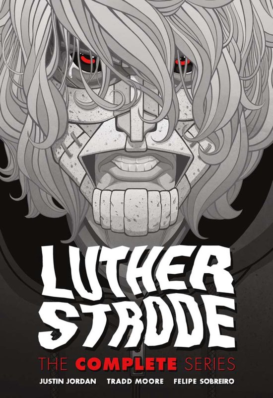 Boekomslag van Luther Strode: The Complete Series met een grijze, stenen man met rode ogen en warrig grijs haar.