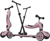 Twee roze 2-in-1 kindersteps met duwstang, in verschillende configuraties, op witte achtergrond.