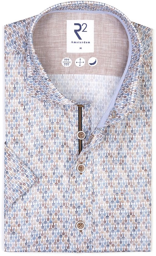 R2 Overhemd Korte Mouwen Print Blauw - Maat 40 - Heren - Overhemden Formeel