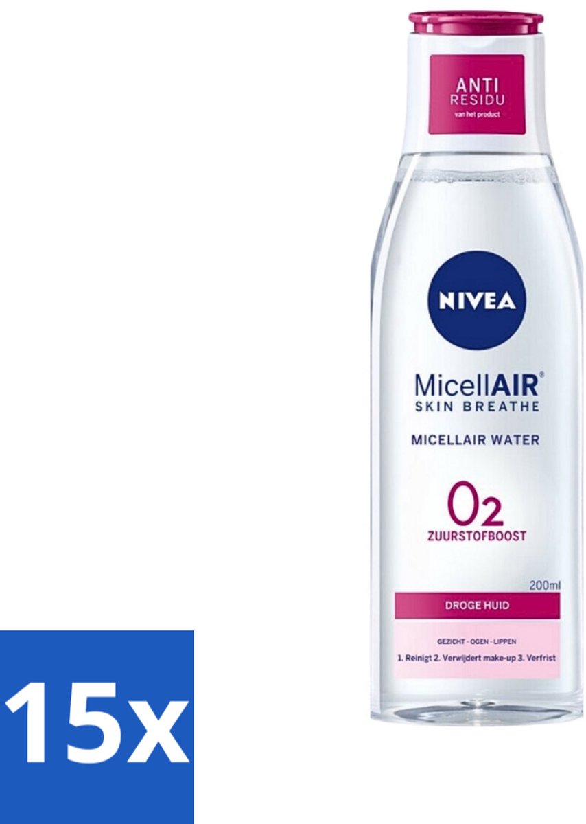 15 x Nivea - O2 Zuurstofboost Micellair Water - Droge Huid - 200 ml - Micellair Water - Droge Huid - Zuurstofboost - Reiniging - Hydratatie