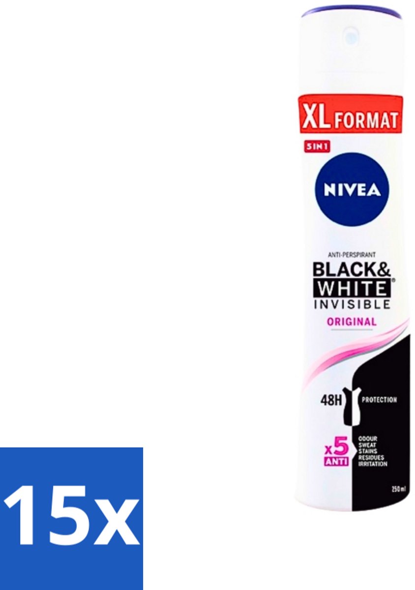 15 x Nivea - Deospray - Invisible Black & White Original - 48 Uur Lang Werkend - 250 ml - Anti-transpirant - Zweetvlekken - Kledingbescherming - Huidvriendelijk - 48 Uur Bescherming