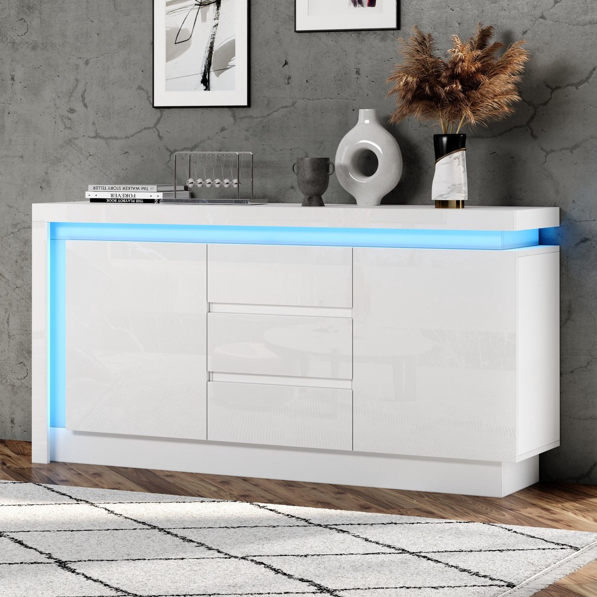 PHOEBE CAT Dressoir - 140*35*72 cm - 3 lades - Verstelbare planken - 2 deuren - LED-verlichting - Hoogglans - Wit