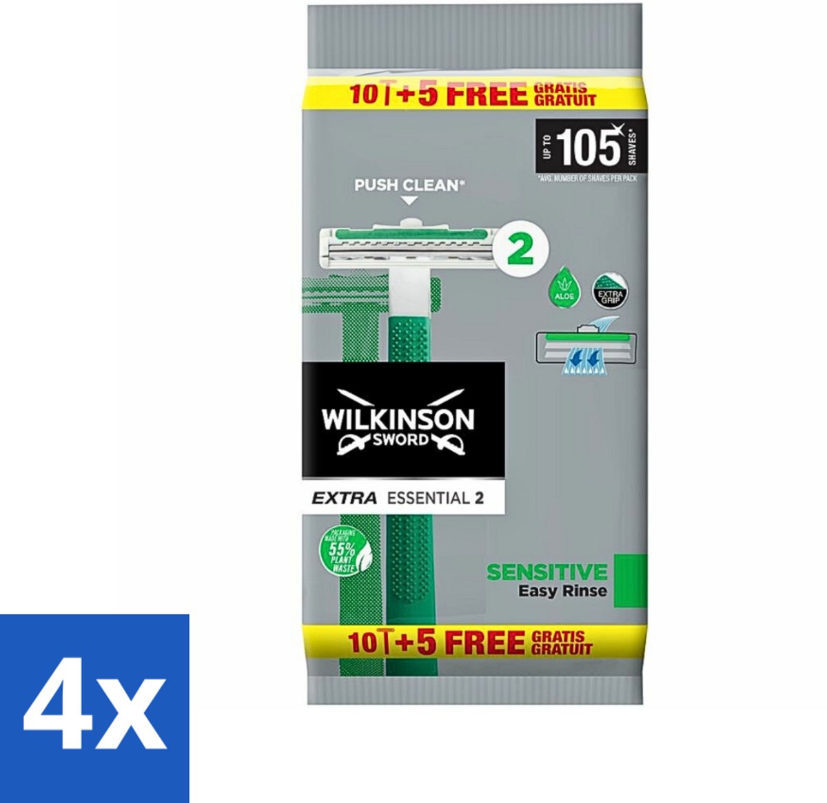 4 x Wilkinson - Wegwerpscheermesjes - Extra Essential 2 Sensitive - Zacht - 15 mesjes - Wegwerpscheermes - Scheermes - Wilkinson - Gevoelige Huid - Scheermesjes