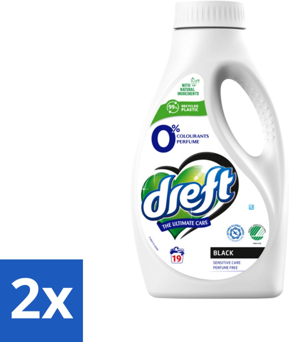 2 x Dreft - Vloeibaar Wasmiddel - 0% Donkere Was - Kleurbescherming - 19 Wasbeurten - Wasmiddel Donkere Kleding - Wasmiddel Gevoelige Huid - Parfumvrij Wasmiddel - Biologisch Wasmiddel - Milieuvriendelijk Wasmiddel