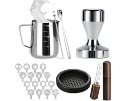 PromoHome Barista Accessoireset voor Espresso Machine - 22 Delige Koffie Set met 51 mm Koffiestamper, Melkschuimkan, WDT Tool, Tampermat, Latte Art Pen, Koffielepel en 16 Sjablonen - Professionele Espresso Gereedschappen