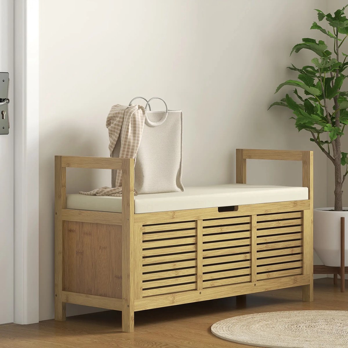 Pugsdrly Schoenenrek met opbergruimte, schoenenbank, zachte zitting, bamboe, 100 x 40 x 60 cm