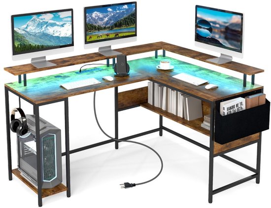 Bureau Gaming Coleshome avec LED/Prise électrique, 151×50cm Bureau Gamer Réversible avec Tiroirs, Carbone Noir - Maison Bureau Gaming Coleshome avec LED/Prise électrique, 151×50cm Bureau Gamer Réversible avec Tiroirs, Carbone Noir - Maison