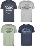 Collage van vier T-shirts met verschillende prints en kleuren: donkergrijs met 'Original Trade Mark', grijs met 'Jeanswear Co.', lichtgroen met 'Denim Brand' en donkerblauw met 'Original Styles'.