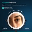 Close-up van een oog en wenkbrauw met wenkbrauwspelden, belicht door een verstelbare led spiegel.