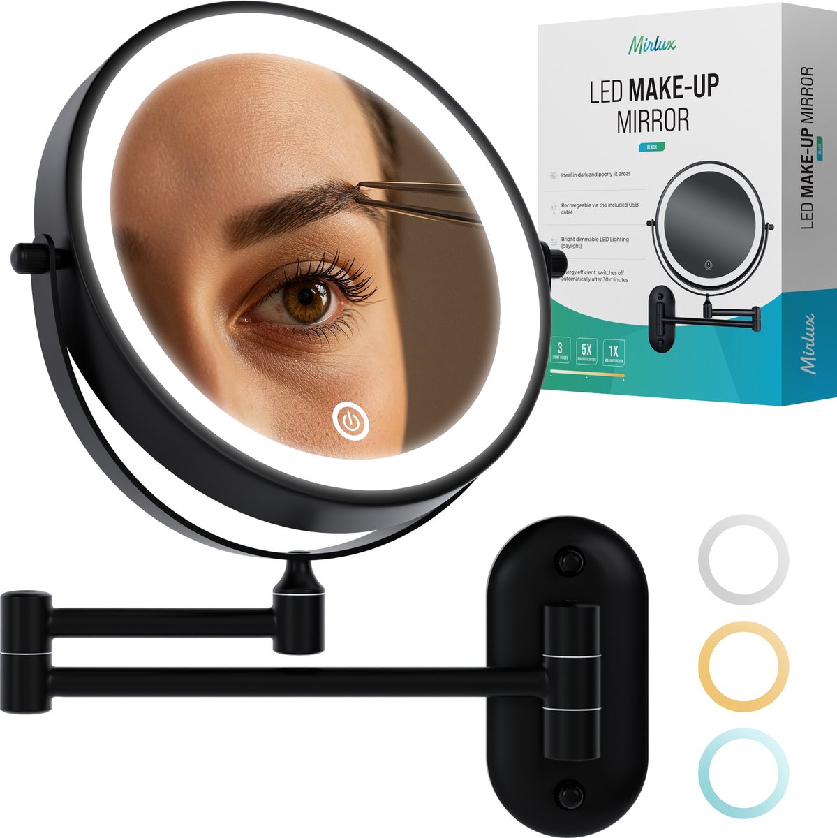 Mirlux Make Up Spiegel met Led Verlichting - Oplaadbaar - 5X Vergroting - Vergrootspiegel met Licht - Scheerspiegel - Badkamerspiegel - Zwart