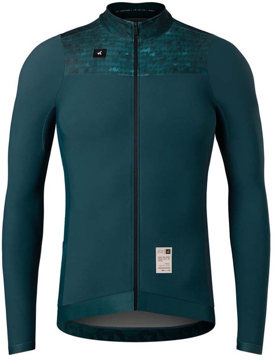 Donkergroen fietsshirt met lange mouwen, rits aan de voorzijde, geborduurd kraagdetail en label.