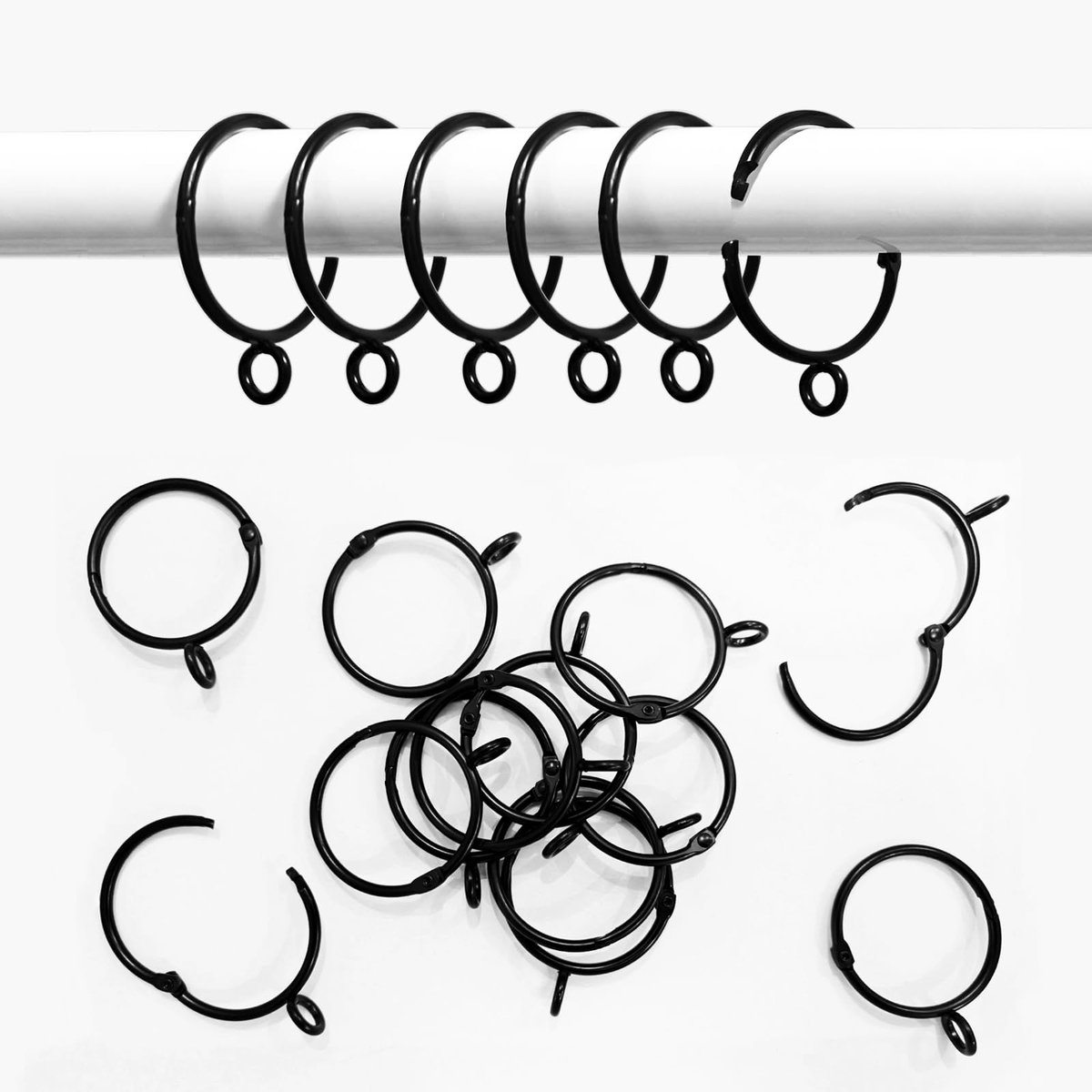 Te Openen Gordijnringen 3,8 cm - 16 Stuks - Zwart - Metalen, Eenvoudig te Installeren
