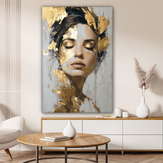 Peinture sur toile 80x120 cm - Décoration murale Gracieuse - Femme - Or - Yeux - Décoration murale salon - Décoration chambre - Accessoires chambre - Peintures sur toile